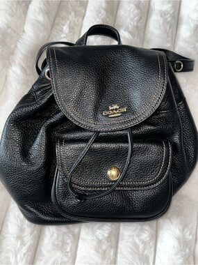 Coach Pennie Black Pebbled Leather Drawstring Backpack with Front Pocket